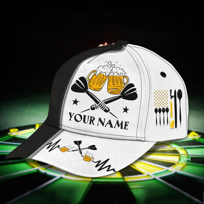 Customized Darts 3D Baseball Cap for Men and Women, Black White Dartboard, Dart and Beer Cap CO0085