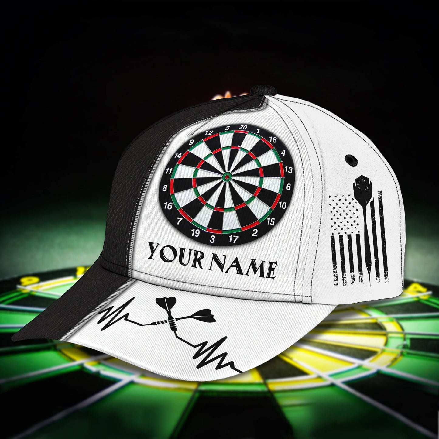 Customized Darts 3D Baseball Cap for Men and Women, Black White Dartboard, Dart and Beer Cap CO0085