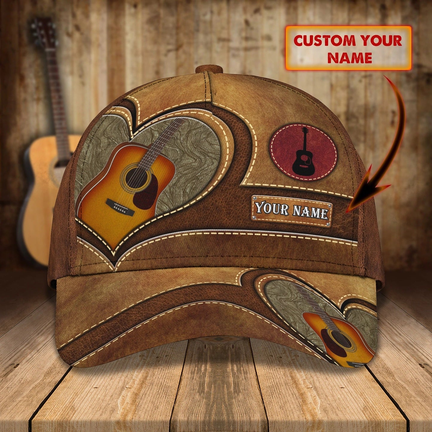 Baseball Guitar Cap Hat For Travel Summer, Guitar Cap Leather Brown Pattern, Best Gift To Guitarist CO0430