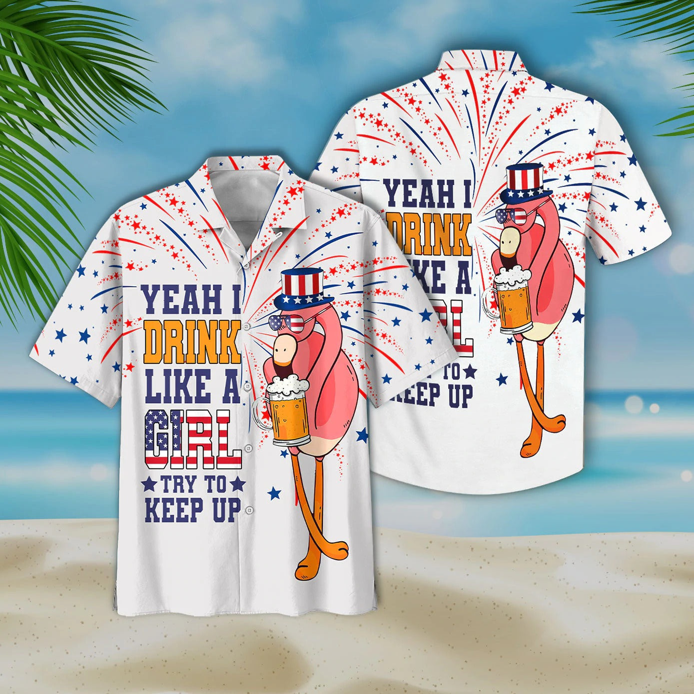 Funny Flamingo Aloha Hawaiian Shirt, Flamingo Drinking Beer Aloha Shirt, Independence Day Gifts HO4797