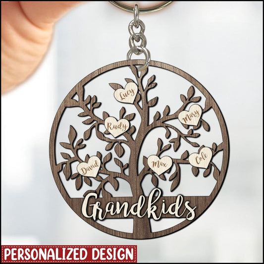 Family Tree Sweethearts Grandkids Personalized Wooden Keychain, Heart Keychain KO0323