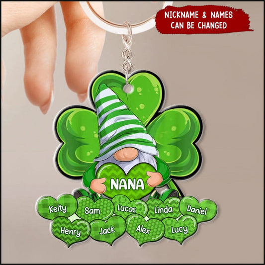 Lucky Shamrock Gnome Nana Mom Sweet Heart Kids, St. Patrick's Day Personalized Keychain KO0326