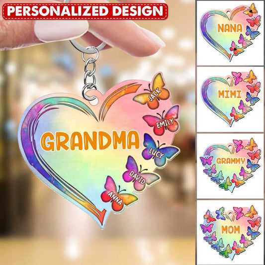 Personalized Grandma Mom Heart Hand With Grandkids Acrylic Keychain KO0318