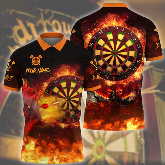 Personalized Name Darts Devils Skull Fire All Over Printed Polo Shirt, Fire Dart Shirt DMO0023