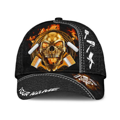 Personalized Name Painter Classic Cap Fire Skull Black Skull Cap Hat For Men Women CO0674