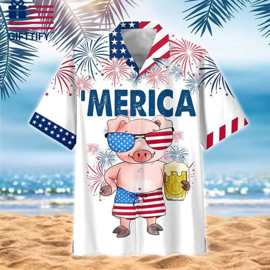 Pig Beer Hawaiian Shirt, 4th of july Hawaiian Shirt, Pig American flag Hawaiian shirts for men, Women HO2469