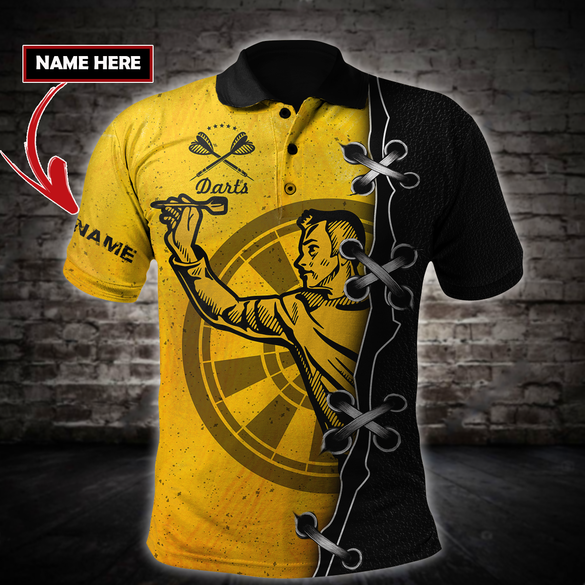 Lasfour Darts Player No Personalized Name Polo Shirt, Black And Yellow Dart Shirt DMO0233