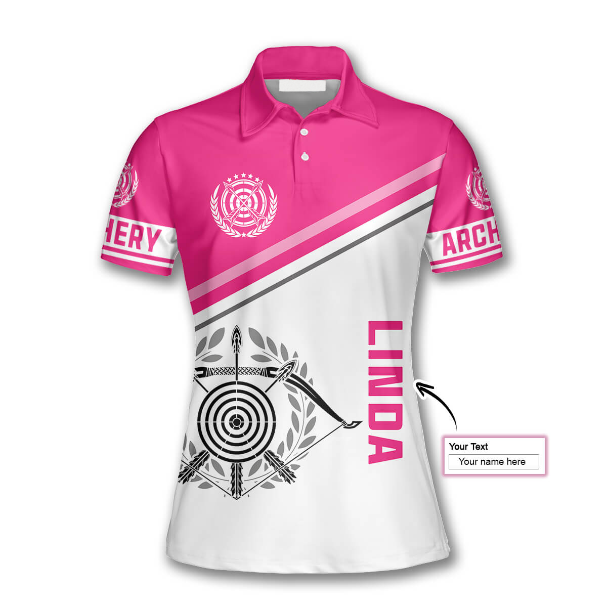 Personalized Pink White Version Emblem Custom Name Archery Polo Shirts for Women AO0076