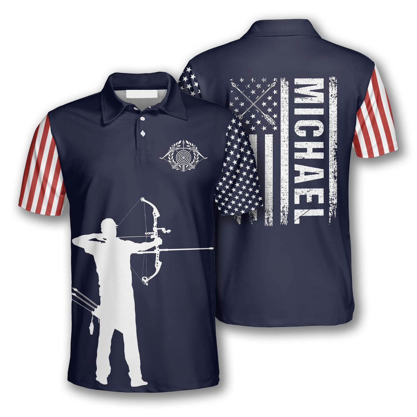 Archery Silhouette Flag Navy Blue Custom Archery Shirts for Men, Idea Gift for Archery Lover AO0036