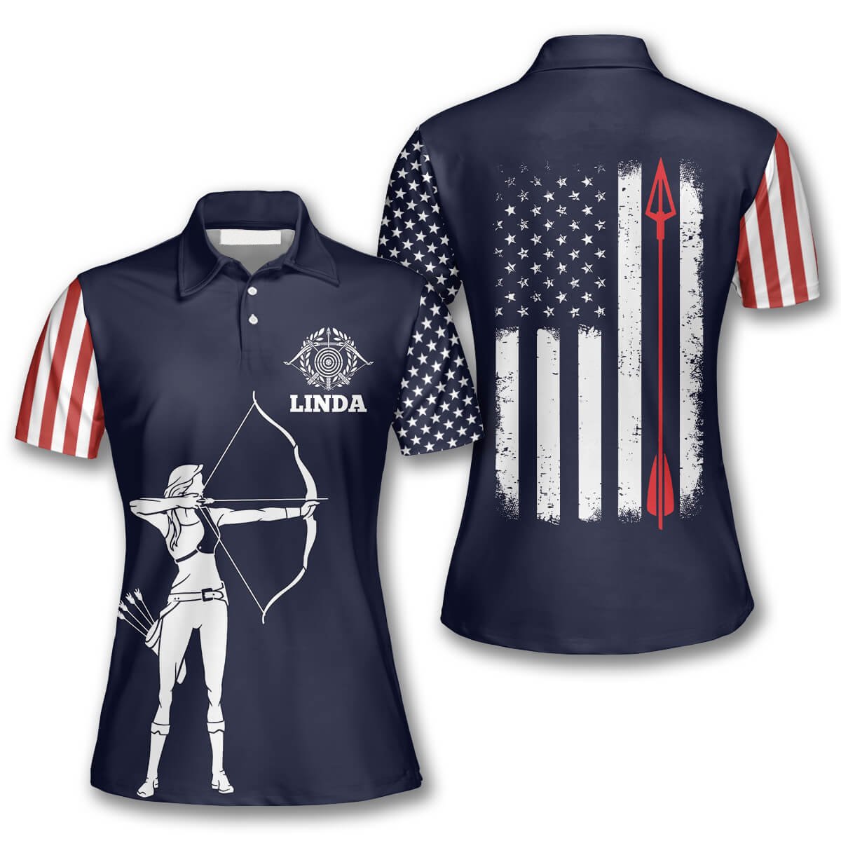 Female Archer Silhouette Navy Flag American Custom Archery Polo Shirts for Women AO0072