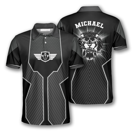 Personalized Black Lion Custom Polo Shirts, Custom Name Team Lion Dart Shirt DMO0197