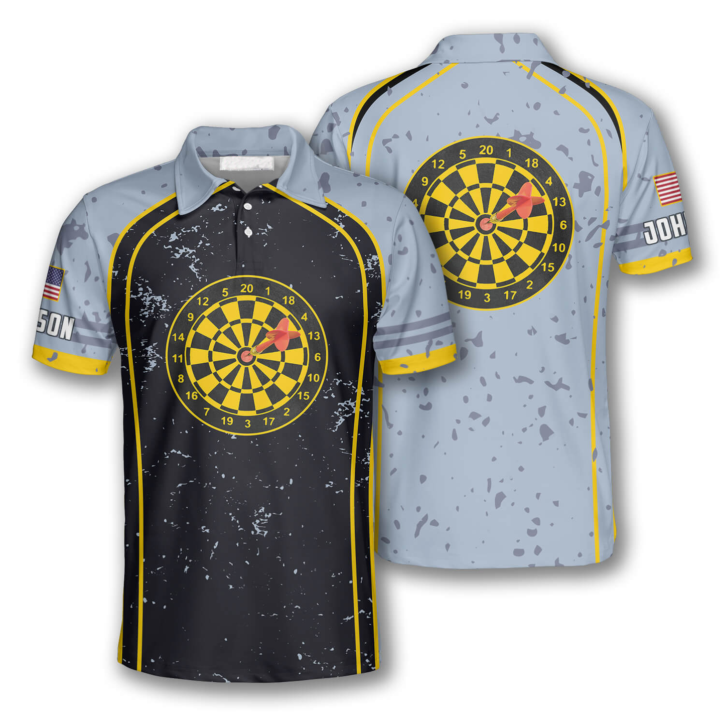 Darts Grunge Style Yellow Dart Board Custom Polo Shirts for Men, USA Dart Player DMO0173