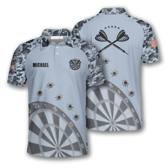 Darts Grey Camouflage Gun Holes Custom Polo Shirts for Men DMO0174