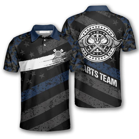 Passionate Blue Camo Custom Darts Shirts for Men, Personalized American Flag Dart Polo Shirt DMO0191