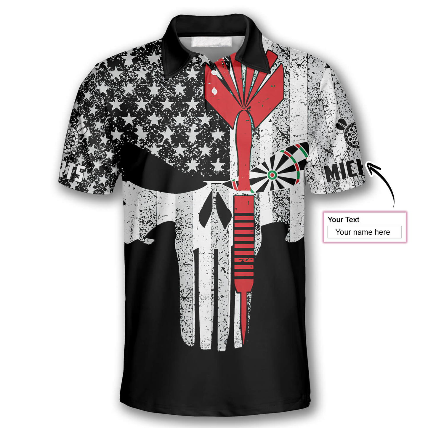 Darts Punisher Skull Custom Polo Shirts for Men, Custom Name Dart Shirt DMO0188