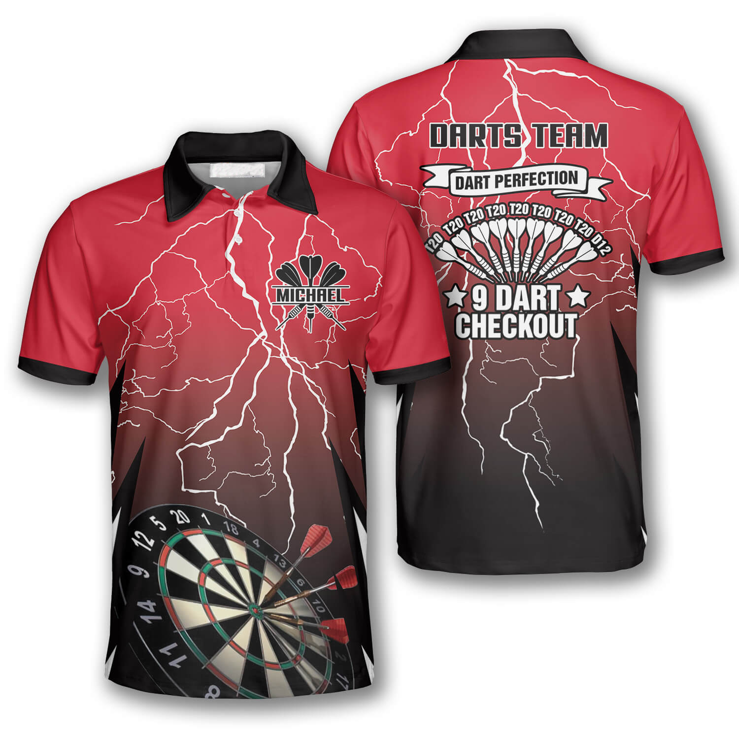 Red Lightning Custom Darts Shirts for Men, Dart Perfection, 9 Dart Checkout Shirt DMO0184