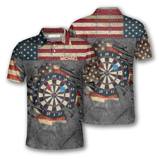 Personalized Custom Name Darts Retro American Flag Custom Polo Shirts for Men DMO0058