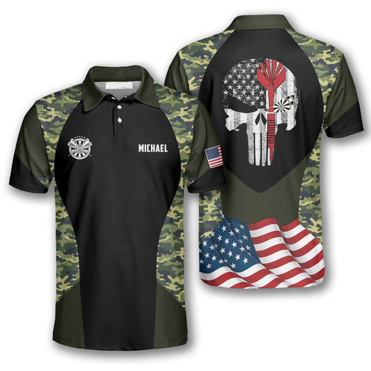 Darts Skull Camouflage Us Flag Custom Polo Shirts for Men, Skull Dart Shirt DMO0166