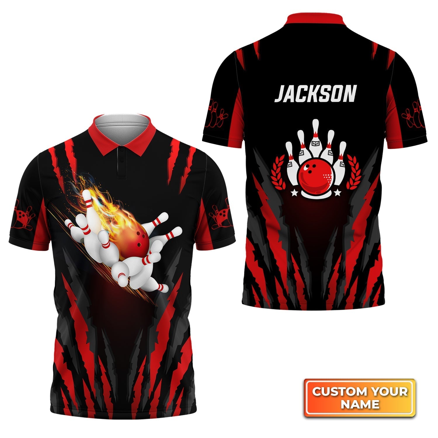 Custom Bowling Polo Shirts For Men And Women Flame Bowling Shirt Custom Black Red Bowling 9685