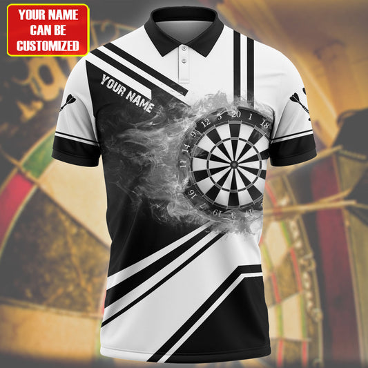 Black and White Dart Polo Shirt, Personalized Name Dartboard Fire Shirt, Uniform Dart Team DMO0140