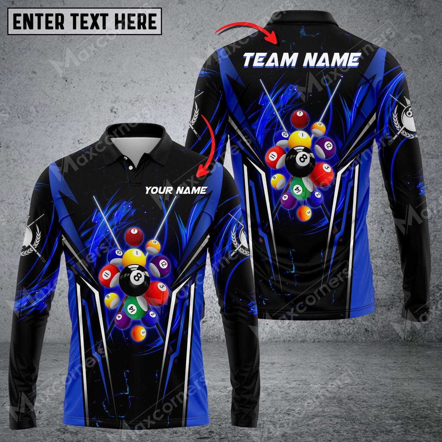 Lasfour Billiards 8 Ball Texture Multicolor Option Customized Name Long Sleeve Polo Shirt BIA0402