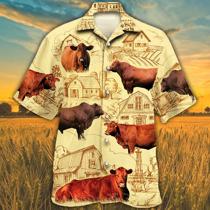 Red Angus Cattle 2 Lovers Farm Hawaiian Shirt, Farm Cow Short Sleeve Hawaiian Aloha Shirt for Men, Women HO0209