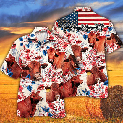 Red Angus Cattle Lovers American Flag Hawaiian Shirt, Cow aloha hawaiian shirt HO0102