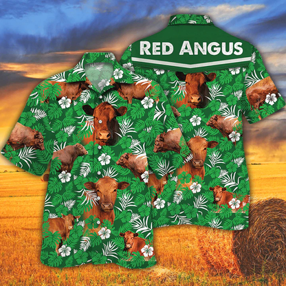 Cow Hawaiian Shirts for Men women - Vintage Farm Hawaiian Shirts, Red Angus Cattle Lovers Green Floral Pattern Hawaiian Shirt HO2542