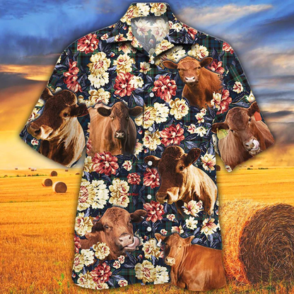 Cow Hawaiian shirt, Summer Hawaiian shirt, Animal shirt, Red Angus Cattle Green Plaid Pattern Hawaiian Shirt HO2535