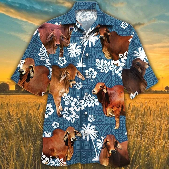 Red Brahman Cattle Lovers Blue Tribal Pattern Hawaiian Shirt HO1508