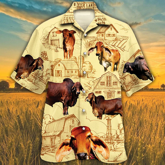 Farm Cow Short Sleeve Hawaiian Aloha Shirt for Men Women, Red Angus Cattle Lovers Farm Hawaiian Shirt HO2504