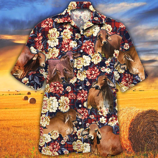 Red Brahman Cattle Red Plaid Hawaiian Shirt men, Cow Hawaiian Shirt, Summer Hawaiian shirt, Animal shirt HO2525