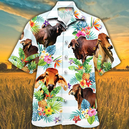 Red Brahman Cattle Lovers Tropical Flower Hawaiian Shirt, Cow Summer Hawaiian Shirt HO2550