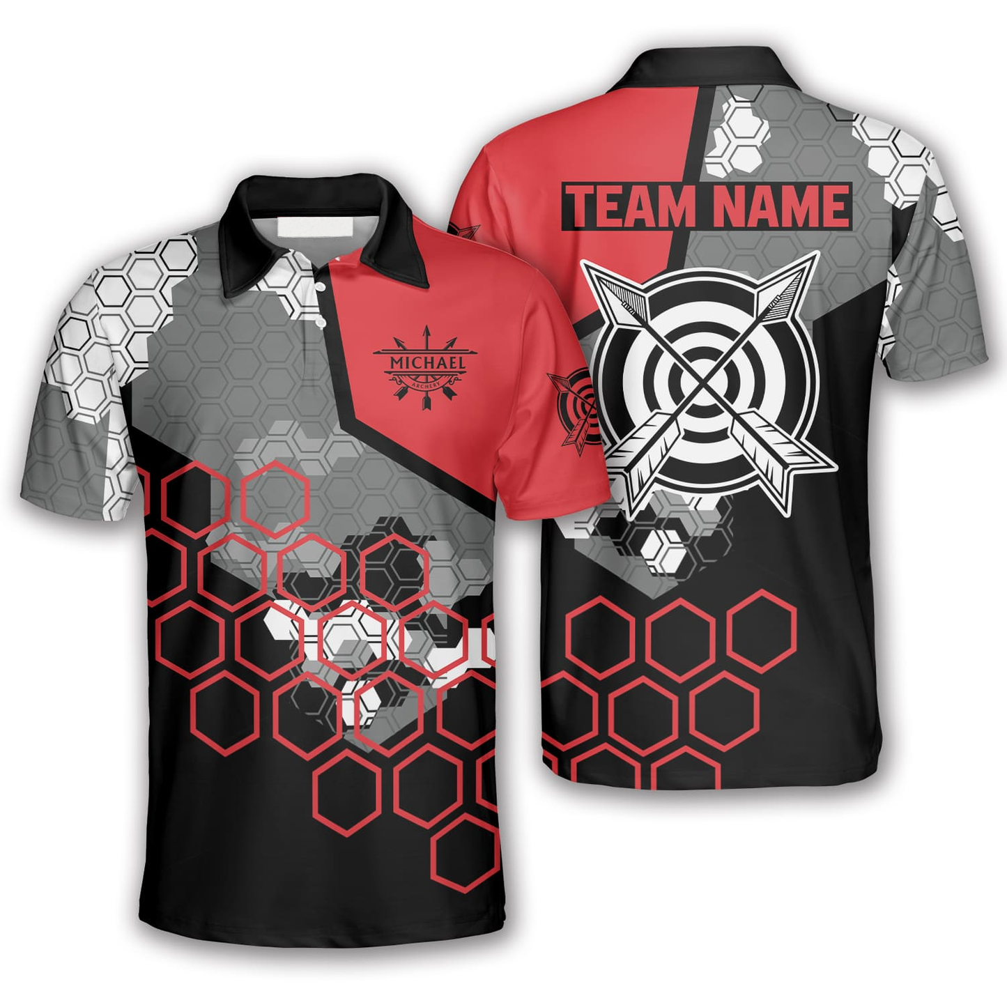 Red Black Honeycomb Pattern Custom Archery Shirts for Men, Archery Polo Shirt AO0060