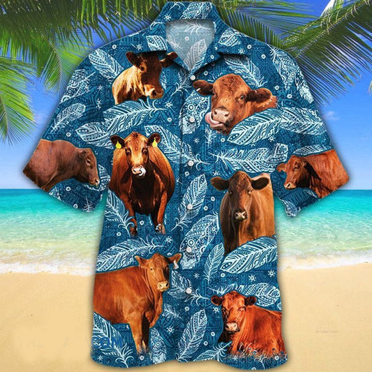 Red Angus Cattle Lovers Blue Feather Hawaii Hawaiian Shirt, gift for cow lovers HO2226