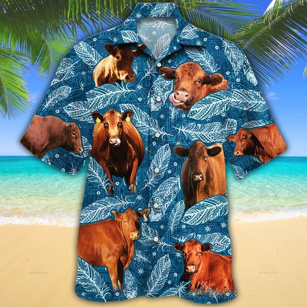 Red Angus Cattle Lovers Blue Feather Hawaiian Shirt HO0612