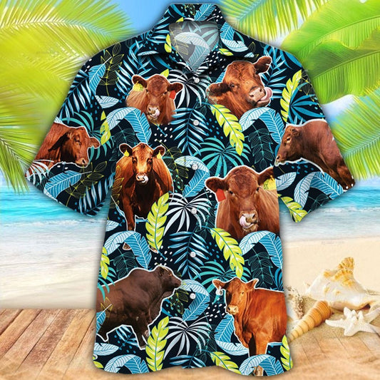 Red Angus Cattle Lovers Jungle Leaves Hawaiian Shirt HO0608