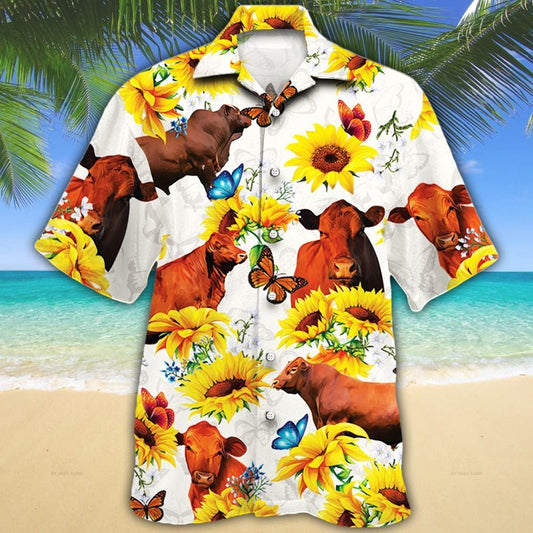 Red Angus Cattle Lovers Sun Flower Hawaiian Shirt HO0610