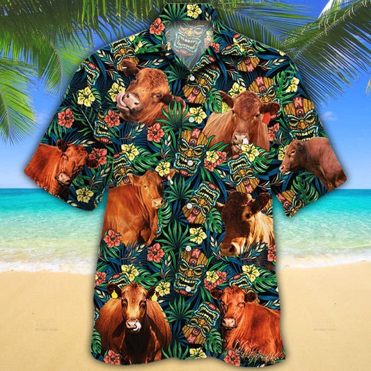 Red Angus Cattle Lovers Tribal Tiki Mask Hawaiian Shirt HO0607