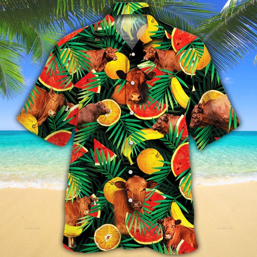 Red Angus Cattle Lovers Tropical Fruits Hawaiian Shirt HO0609