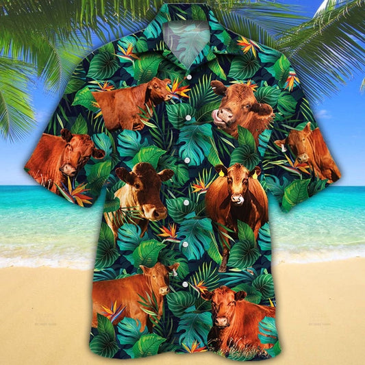 Red Angus Cattle Lovers Tropical Leaves Hawaiian Shirt HO0159