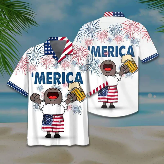 Sheep And Beer Hawaiian Shirt, 4th of july Hawaiian Shirt, Sheep American flag Hawaiian shirts for men, Women HO2468