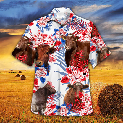 Shorthorn Cattle Lovers American Flag Hawaiian Shirt, Cow aloha Hawaiian shirt, Cow Hawaiian shirt vintage, Hawaiian shirt men HO2611