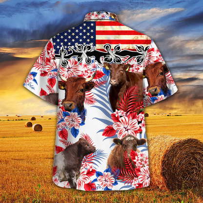 Shorthorn Cattle Lovers American Flag Hawaiian Shirt, Cow aloha Hawaiian shirt, Cow Hawaiian shirt vintage, Hawaiian shirt men HO2611