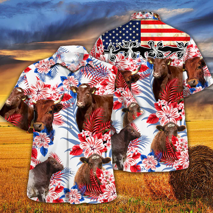 Shorthorn Cattle Lovers American Flag Hawaiian Shirt, Cow aloha Hawaiian shirt, Cow Hawaiian shirt vintage, Hawaiian shirt men HO2611