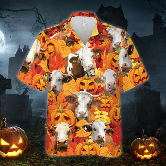 Autumn Leaf Simmental Cattle Pumpkin Hawaiian Shirt HO5350