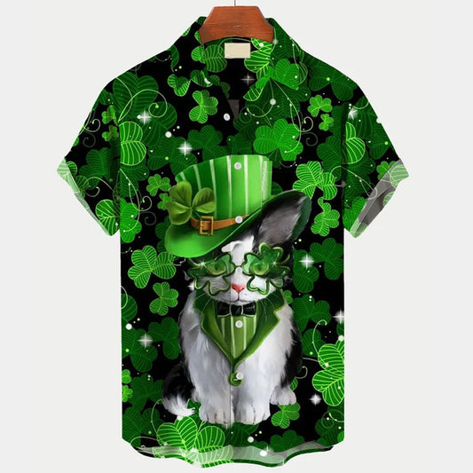 St. Patrick's Day Cat Print Men's Hawaiian Shirt, Hawaiian shirt for men and women PO0149