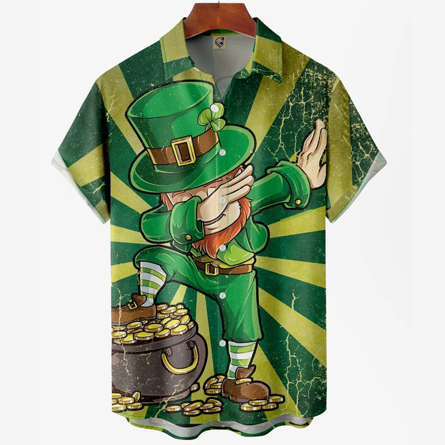 St. Patrick's Day Green Shamrock Dinosaur Fun Print Hawaiian Shirt Plus Size Vacation Shirt PO0144