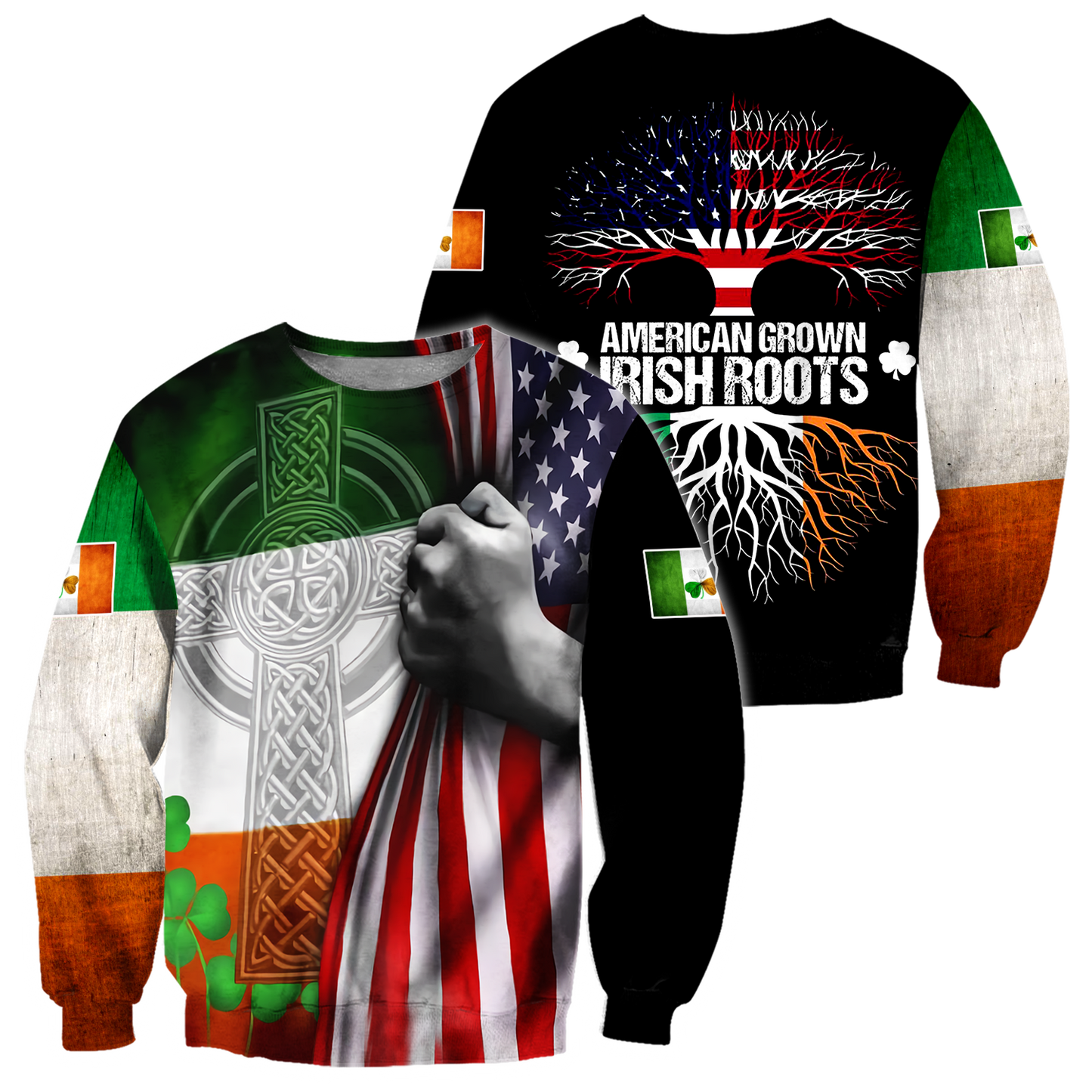 3D Print American Grown Irish Roots Tree Flag Saint Patrick's Day Shirt, Irish Shirt, USA Flag Shirt PO0294