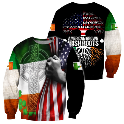 3D Print American Grown Irish Roots Tree Flag Saint Patrick's Day Shirt, Irish Shirt, USA Flag Shirt PO0294